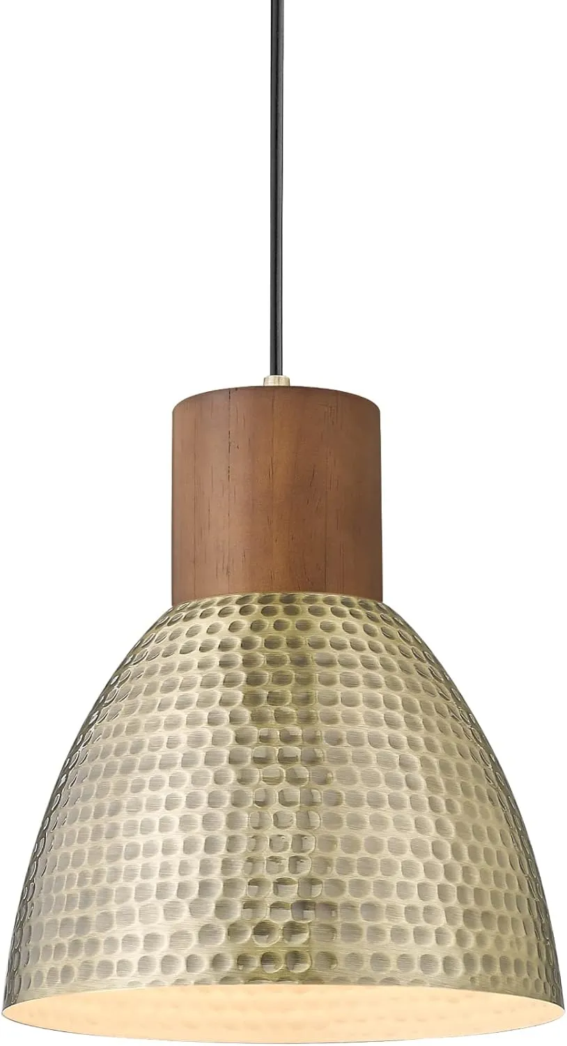 ELYONA Vintage Hammered Pendant Light Fixture, 7” Brushed Brass Metal Hanging Light Solid Wood Antique Gold Pendant Lamp for Kitchen Island, Farmhouse, Dining Room, Small, Adjustable Height