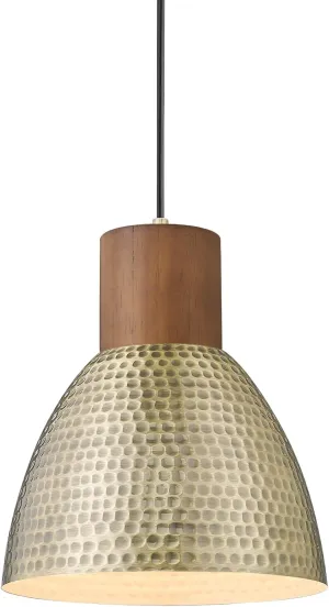 ELYONA Vintage Hammered Pendant Light Fixture, 7” Brushed Brass Metal Hanging Light Solid Wood Antique Gold Pendant Lamp for Kitchen Island, Farmhouse, Dining Room, Small, Adjustable Height