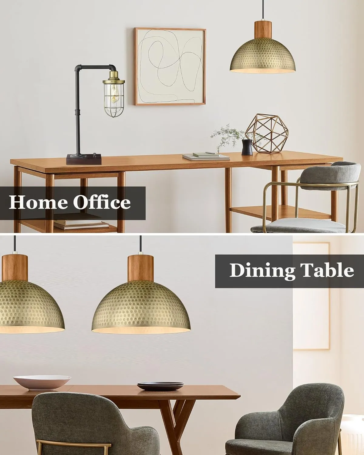 ELYONA Vintage Pendant Light Fixtures, 12” Brushed Brass Hammered Metal & Rubber Wood Industrial Dome Hanging Lamp, Antique Gold Kitchen Pendant Light for Island, Farmhouse, Sink, Dining Room, Hallway