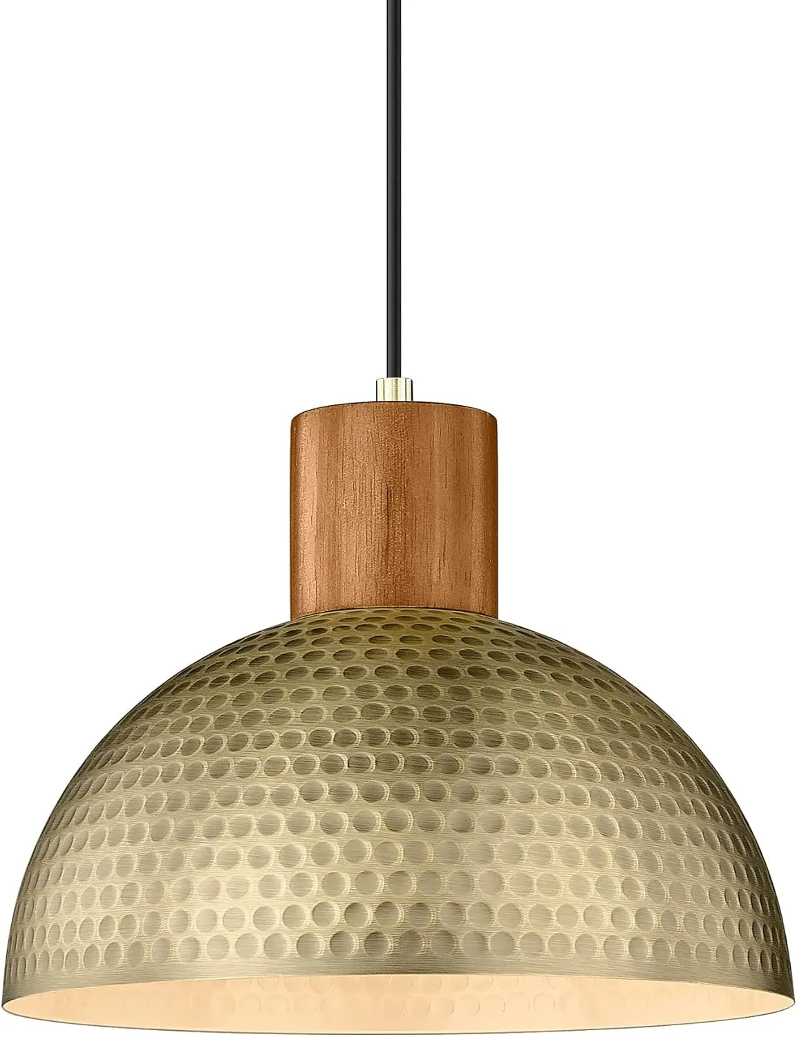 ELYONA Vintage Pendant Light Fixtures, 12” Brushed Brass Hammered Metal & Rubber Wood Industrial Dome Hanging Lamp, Antique Gold Kitchen Pendant Light for Island, Farmhouse, Sink, Dining Room, Hallway