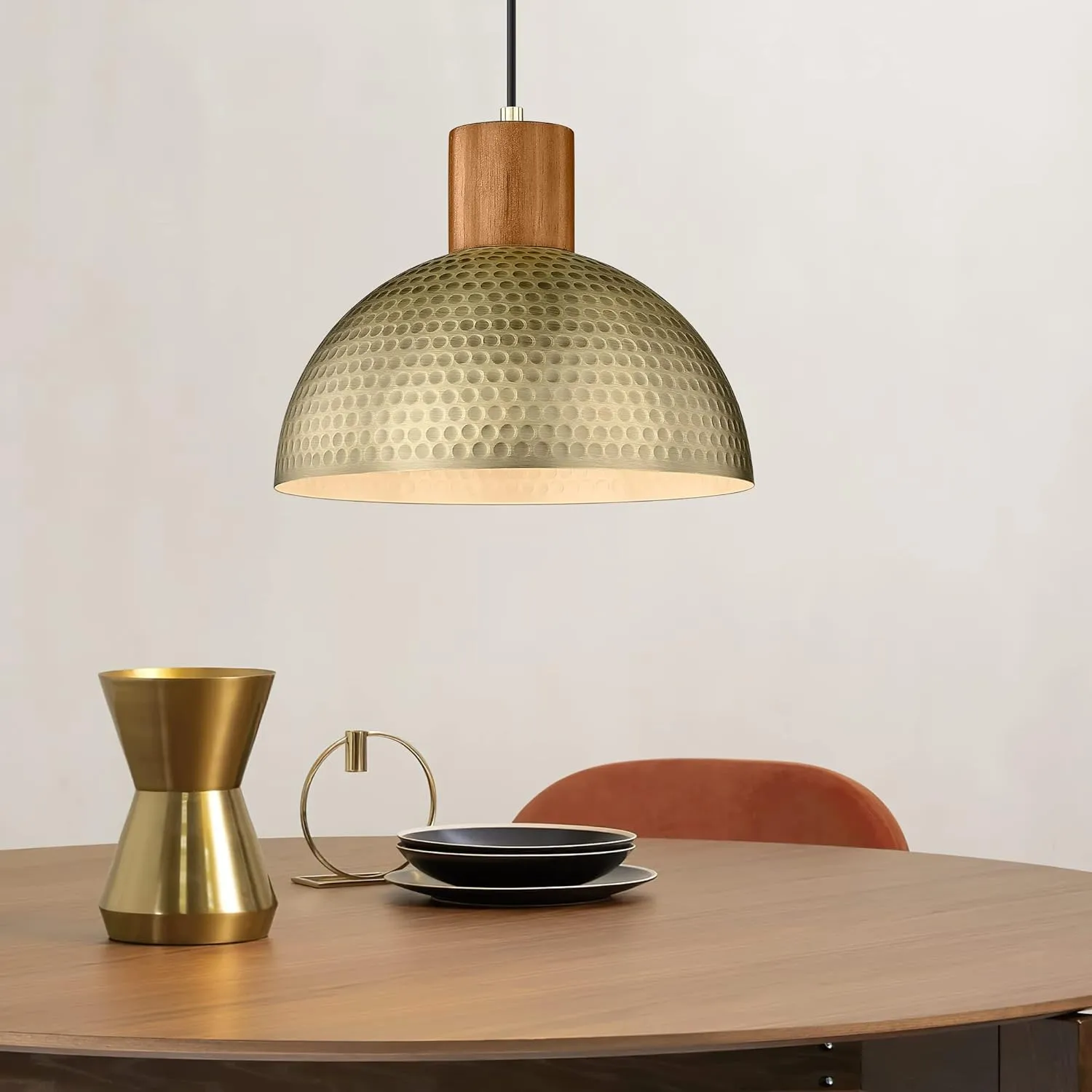 ELYONA Vintage Pendant Light Fixtures, 12” Brushed Brass Hammered Metal & Rubber Wood Industrial Dome Hanging Lamp, Antique Gold Kitchen Pendant Light for Island, Farmhouse, Sink, Dining Room, Hallway