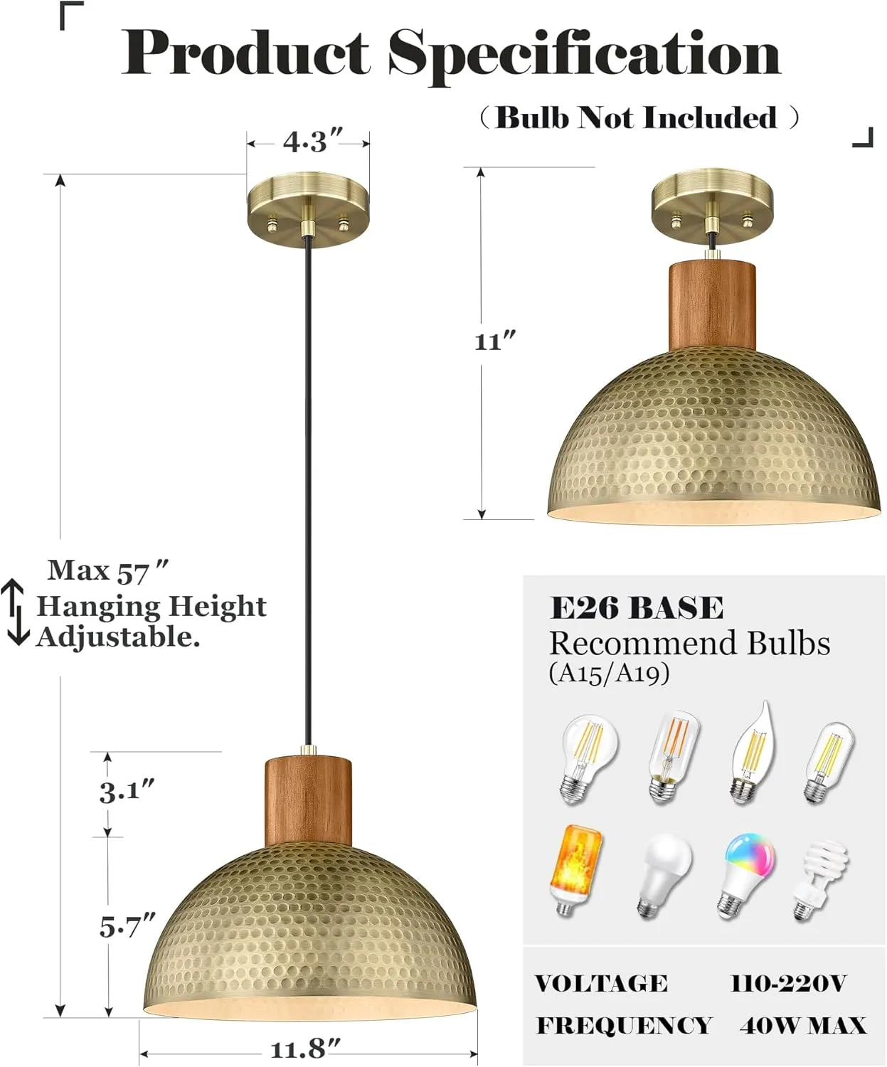 ELYONA Vintage Pendant Light Fixtures, 12” Brushed Brass Hammered Metal & Rubber Wood Industrial Dome Hanging Lamp, Antique Gold Kitchen Pendant Light for Island, Farmhouse, Sink, Dining Room, Hallway