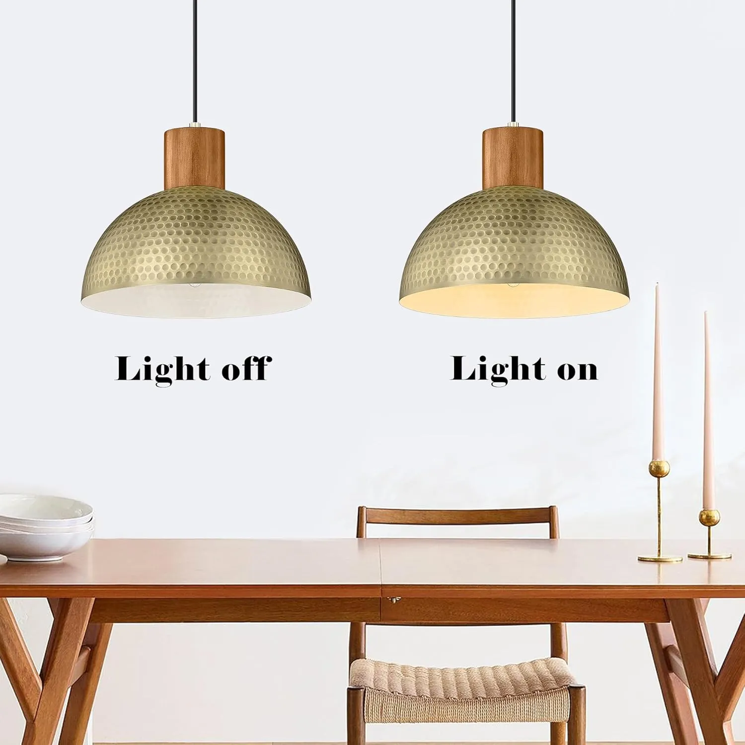 ELYONA Vintage Pendant Light Fixtures, 12” Brushed Brass Hammered Metal & Rubber Wood Industrial Dome Hanging Lamp, Antique Gold Kitchen Pendant Light for Island, Farmhouse, Sink, Dining Room, Hallway