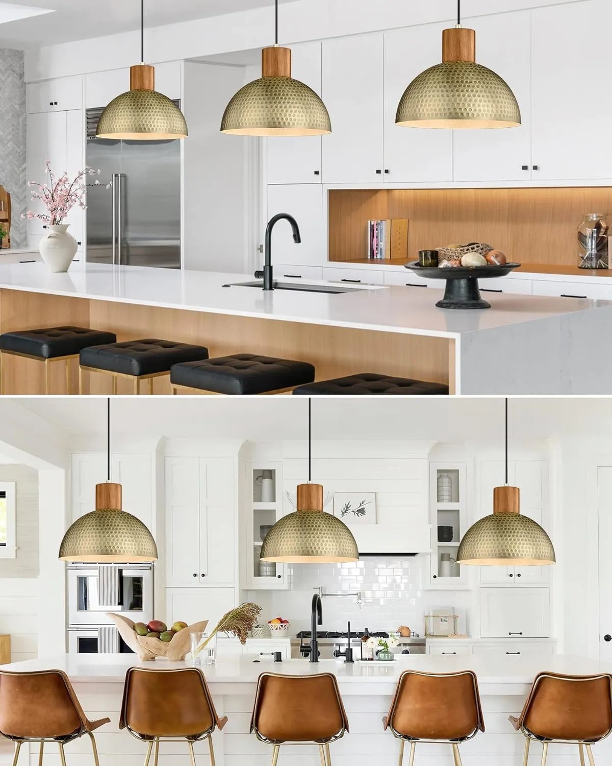 ELYONA Vintage Pendant Light Fixtures, 12” Brushed Brass Hammered Metal & Rubber Wood Industrial Dome Hanging Lamp, Antique Gold Kitchen Pendant Light for Island, Farmhouse, Sink, Dining Room, Hallway