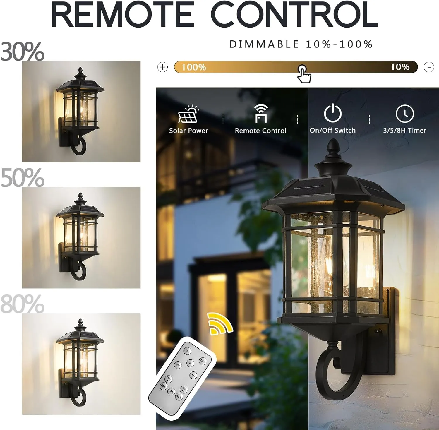 Emliviar Solar LED Wall Light Outdoor,Dusk to Dawn Solar Porch Light with Remote Control, Black Finish with Seeded Glass, Bulb Included, 22021M-SL BK