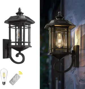 Emliviar Solar LED Wall Light Outdoor,Dusk to Dawn Solar Porch Light with Remote Control, Black Finish with Seeded Glass, Bulb Included, 22021M-SL BK