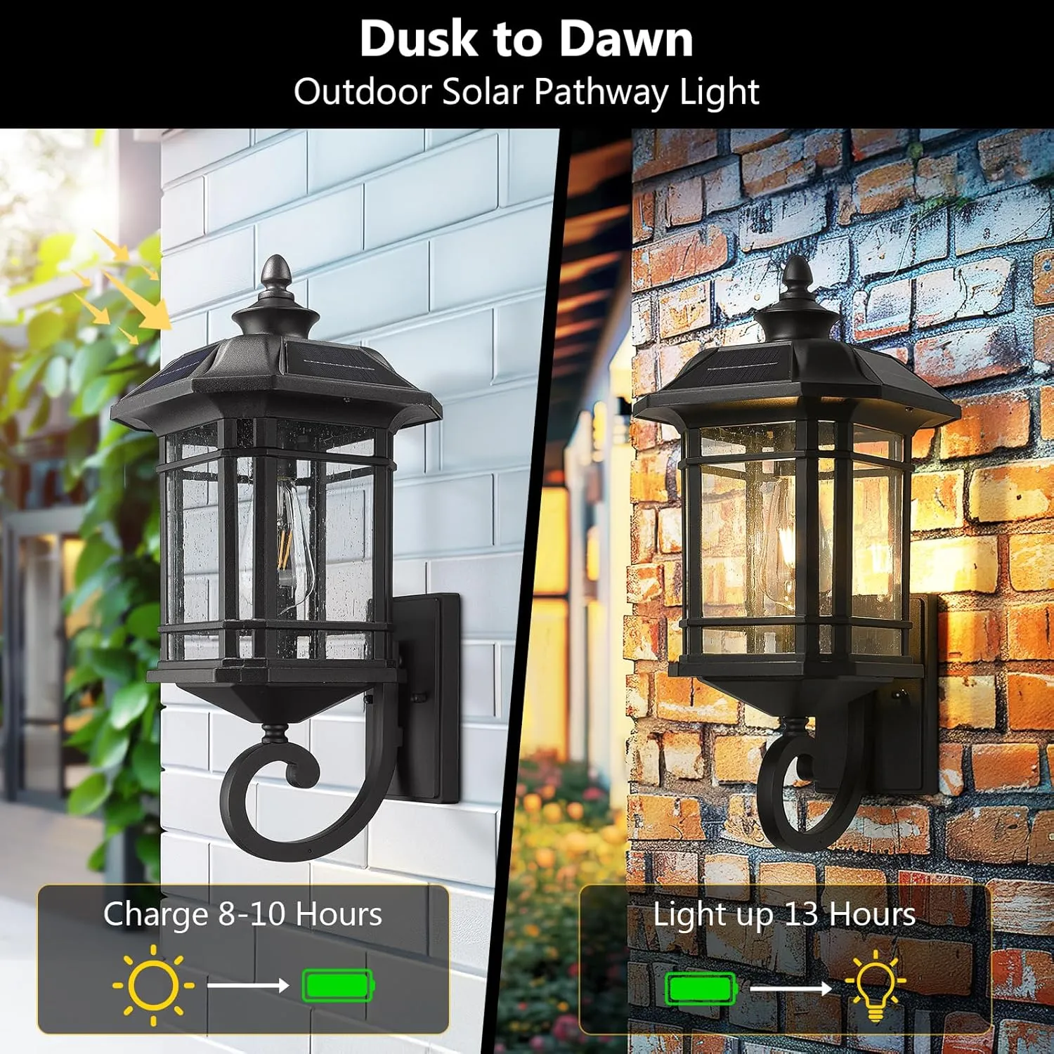 Emliviar Solar LED Wall Light Outdoor,Dusk to Dawn Solar Porch Light with Remote Control, Black Finish with Seeded Glass, Bulb Included, 22021M-SL BK
