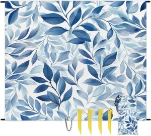 Eucalyptus Leaves Beach Blanket, Sandproof Beach Mat, 68 x 59 Waterproof Quick Drying Sand Free Mat with 4 x Ground Spikes for Outdoor Travel Camping Hiking, Tree Leaves