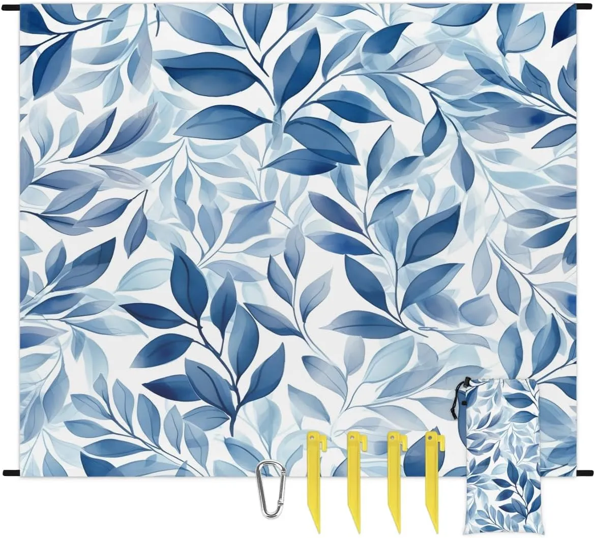 Eucalyptus Leaves Beach Blanket, Sandproof Beach Mat, 68 x 59 Waterproof Quick Drying Sand Free Mat with 4 x Ground Spikes for Outdoor Travel Camping Hiking, Tree Leaves