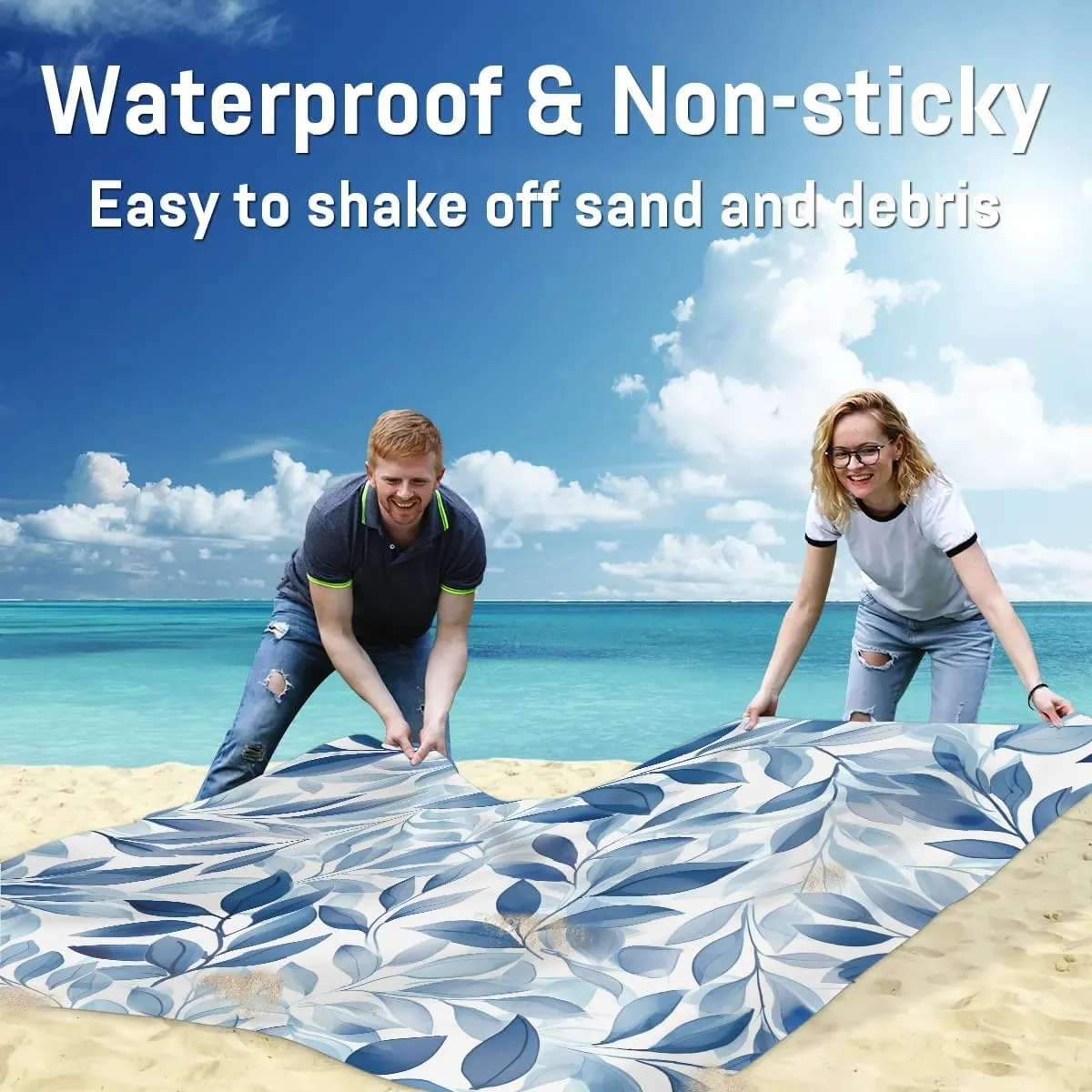 Eucalyptus Leaves Beach Blanket, Sandproof Beach Mat, 68 x 59 Waterproof Quick Drying Sand Free Mat with 4 x Ground Spikes for Outdoor Travel Camping Hiking, Tree Leaves