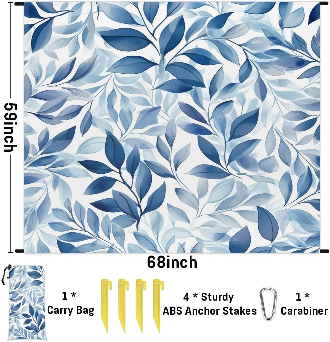 Eucalyptus Leaves Beach Blanket, Sandproof Beach Mat, 68 x 59 Waterproof Quick Drying Sand Free Mat with 4 x Ground Spikes for Outdoor Travel Camping Hiking, Tree Leaves