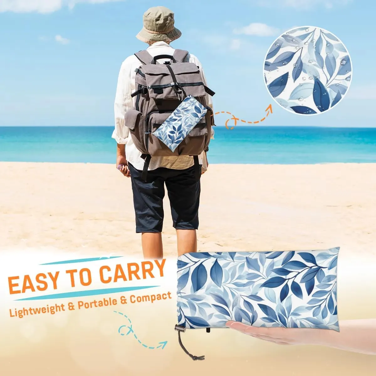 Eucalyptus Leaves Beach Blanket, Sandproof Beach Mat, 68 x 59 Waterproof Quick Drying Sand Free Mat with 4 x Ground Spikes for Outdoor Travel Camping Hiking, Tree Leaves
