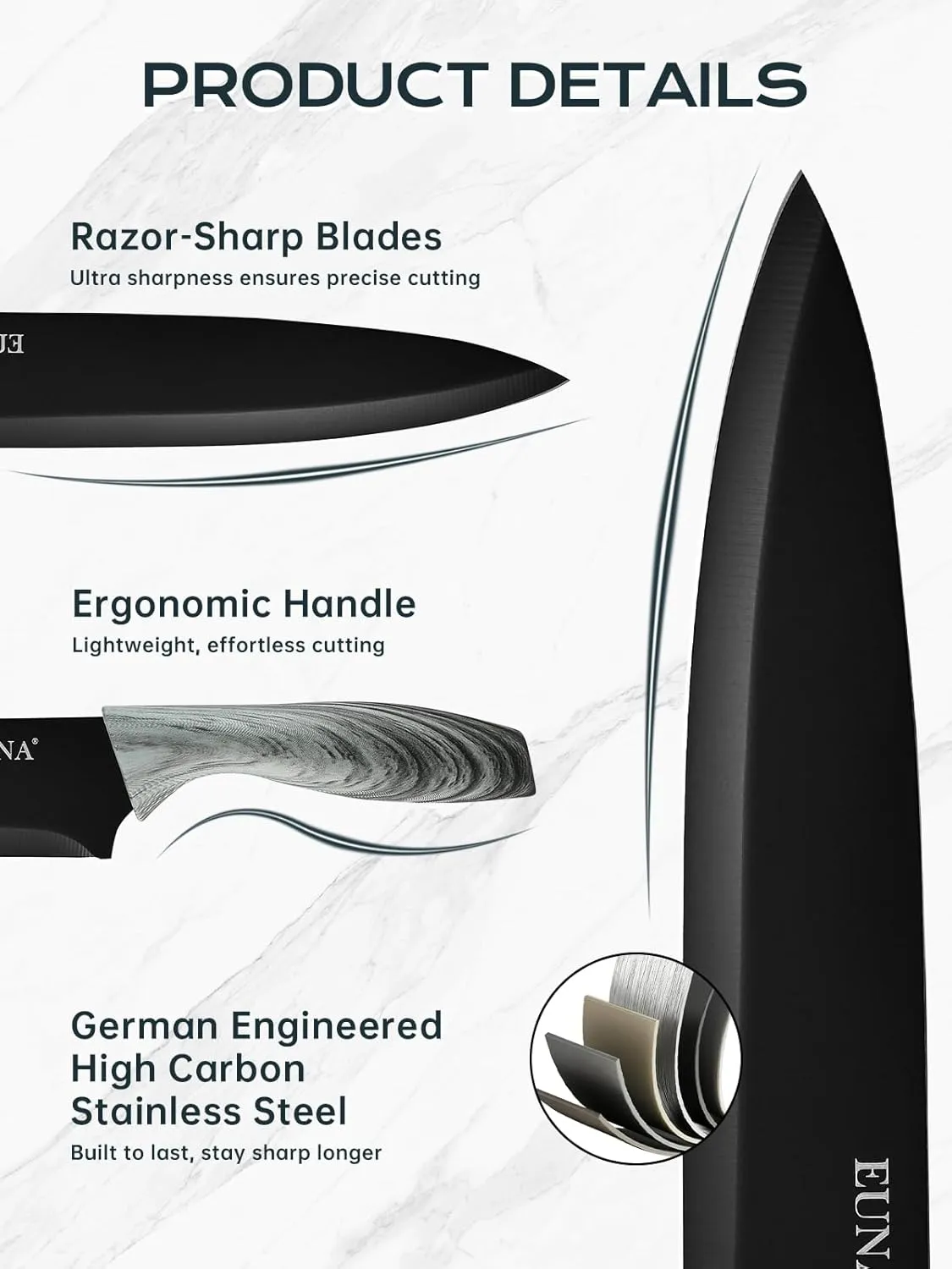 EUNA Knife Block Set, 19 PCS Kitchen Knife Set with Acrylic Block and Sharpener, German High-Carbon Stainless Steel Knife Sets with 6 Serrated Steak Knives, Bread Knife, Chef Knife, Dishwasher Safe