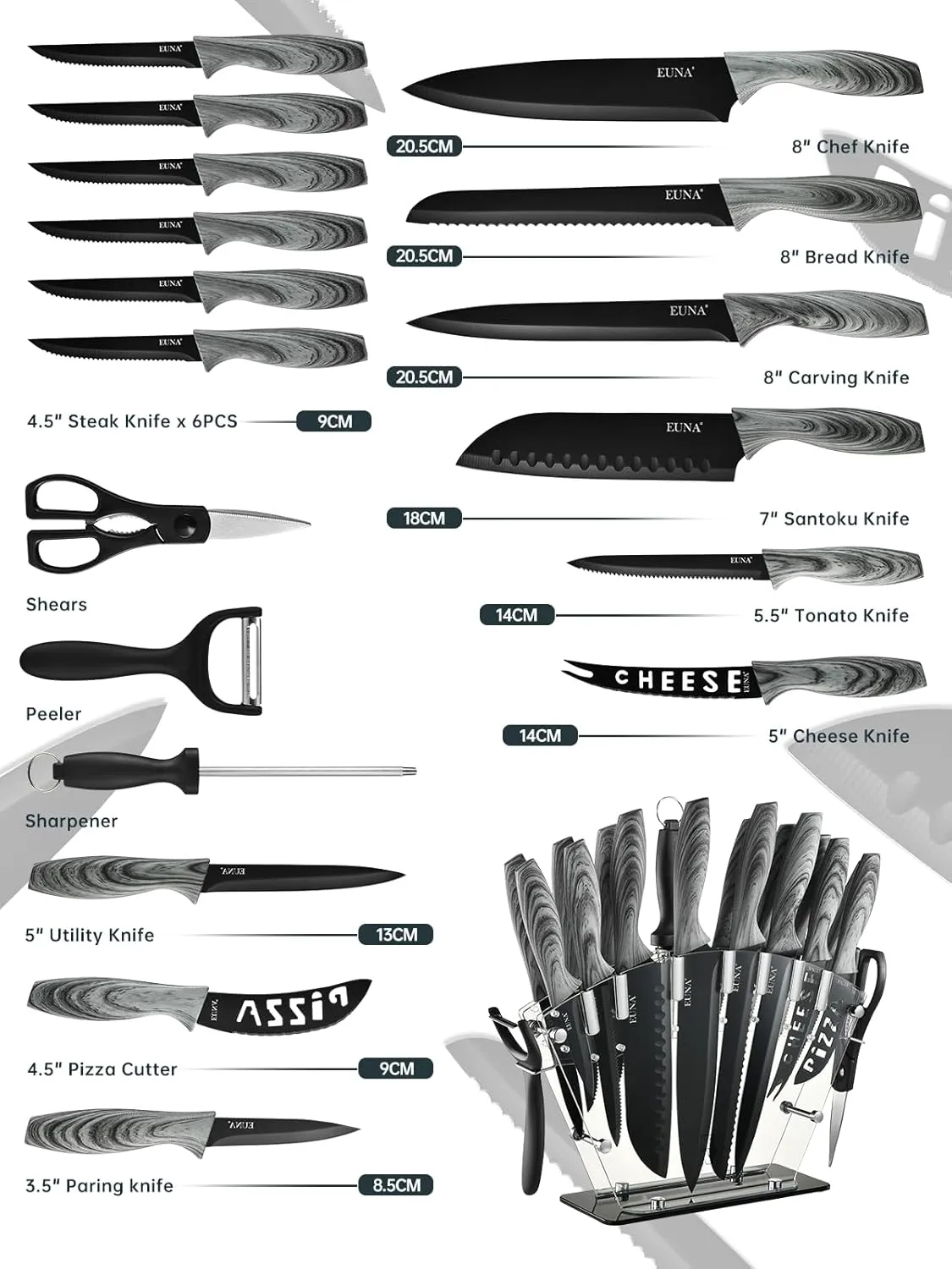 EUNA Knife Block Set, 19 PCS Kitchen Knife Set with Acrylic Block and Sharpener, German High-Carbon Stainless Steel Knife Sets with 6 Serrated Steak Knives, Bread Knife, Chef Knife, Dishwasher Safe