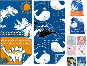 Eunzel 2 Pack Microfiber Kids Beach Towel, Quick Dry Towels for Girls & Boys Sand Free Travel Towel for Beach, Camping, Swim Pool 60"x30"，Dinosaur Adventure& Whale Rhythm