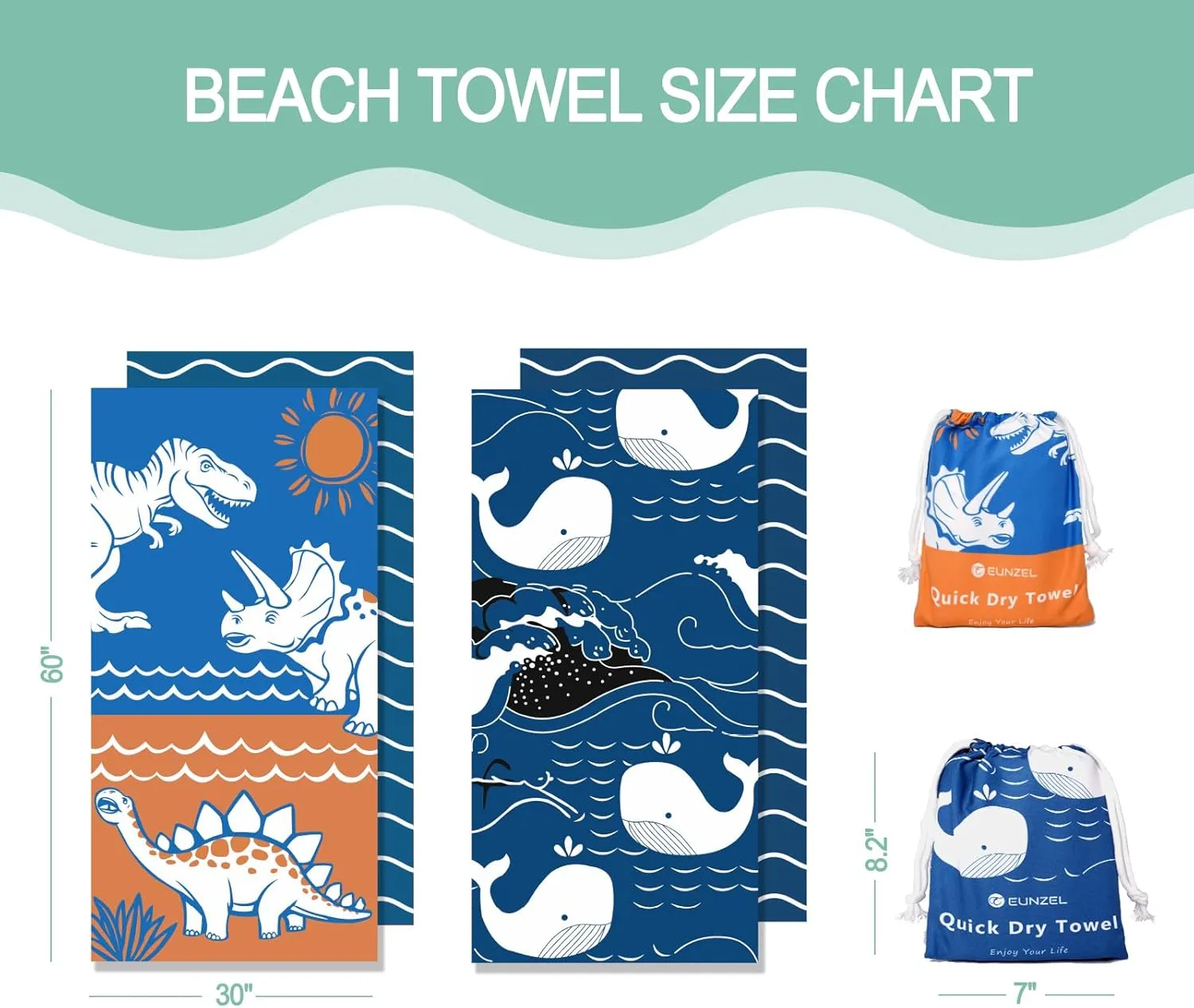 Eunzel 2 Pack Microfiber Kids Beach Towel, Quick Dry Towels for Girls & Boys Sand Free Travel Towel for Beach, Camping, Swim Pool 60"x30"，Dinosaur Adventure& Whale Rhythm