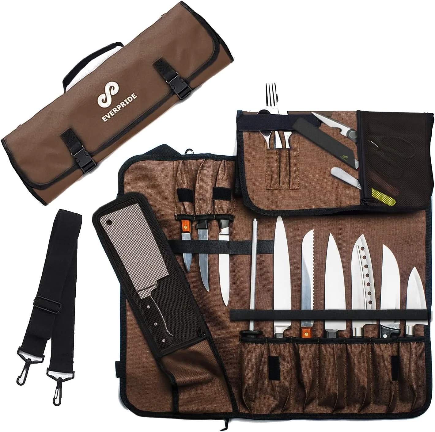 EVERPRIDE Chef Knife Roll Bag Holds 10 Knives – Contains 2 Large Zippered Pockets for Meat Cleavers and Cooking Tools – Durable Knife Carrier Case for Chefs and Culinary Students – Knives Not Included