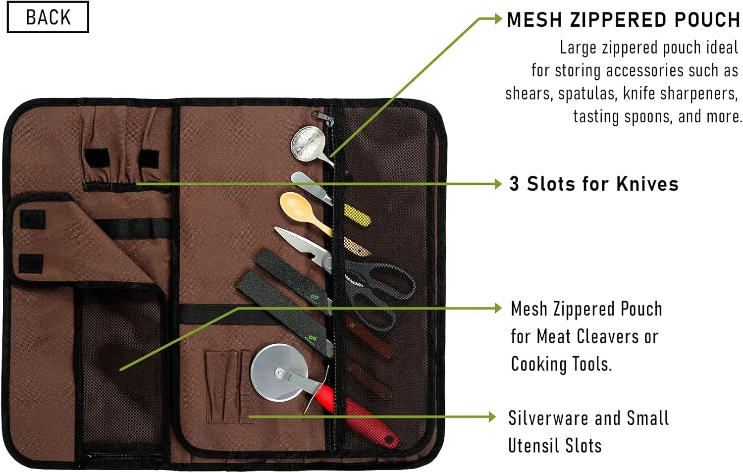EVERPRIDE Chef Knife Roll Bag Holds 10 Knives – Contains 2 Large Zippered Pockets for Meat Cleavers and Cooking Tools – Durable Knife Carrier Case for Chefs and Culinary Students – Knives Not Included