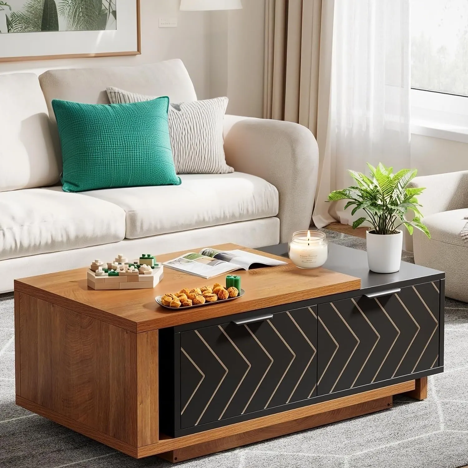 Expandable Home Rectangular Wooden Coffee Table, Living Room Center Coffee Table with Storage Drawers, Open Shelves, Brown