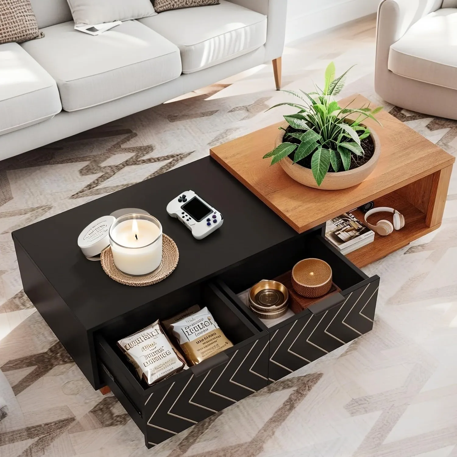 Expandable Home Rectangular Wooden Coffee Table, Living Room Center Coffee Table with Storage Drawers, Open Shelves, Brown