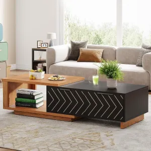 Expandable Home Rectangular Wooden Coffee Table, Living Room Center Coffee Table with Storage Drawers, Open Shelves, Brown