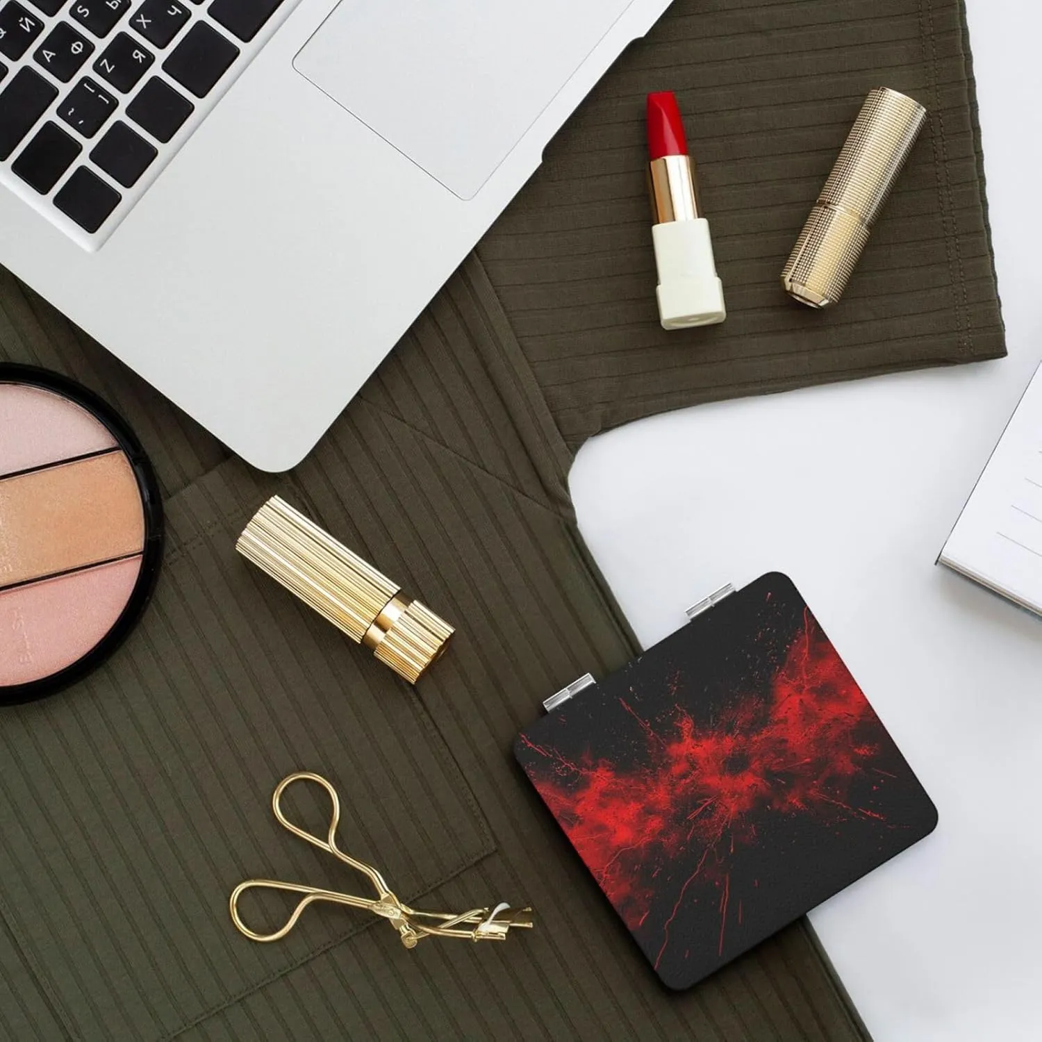 Explosion Burst Red Black Printed Square Pocket Makeup Mirror with 1X/2X Magnification, Portable Mini Travel Makeup Mirror for Travel Daily Work Beauty