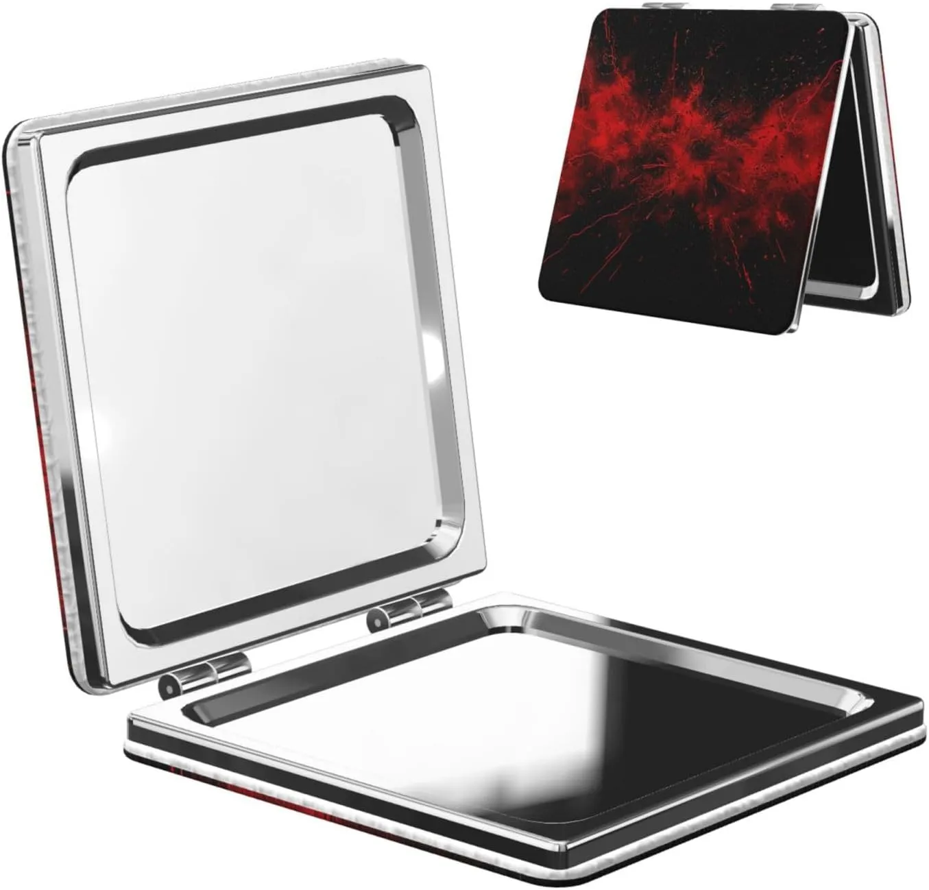 Explosion Burst Red Black Printed Square Pocket Makeup Mirror with 1X/2X Magnification, Portable Mini Travel Makeup Mirror for Travel Daily Work Beauty