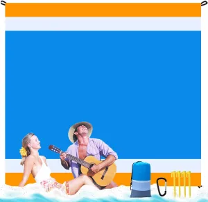 Extra Large Oversized Beach Blanket 118"x106" Water Resistant Sandproof Beach Blanket Mat Portable Outdoor Beach Accessories for Picnic Camping Blankets(BigOrangeWhiteBlue)