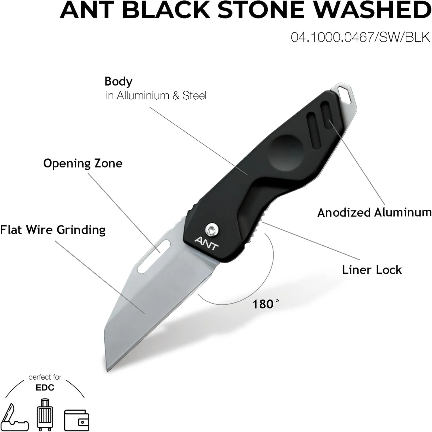 Extrema Ratio - ANT (Black Stone-Washed) Folding Knife, Böhler N690 Steel Blade 58 HRC, Compact Design, Smooth Aluminum Handle, Handcrafted in Italy
