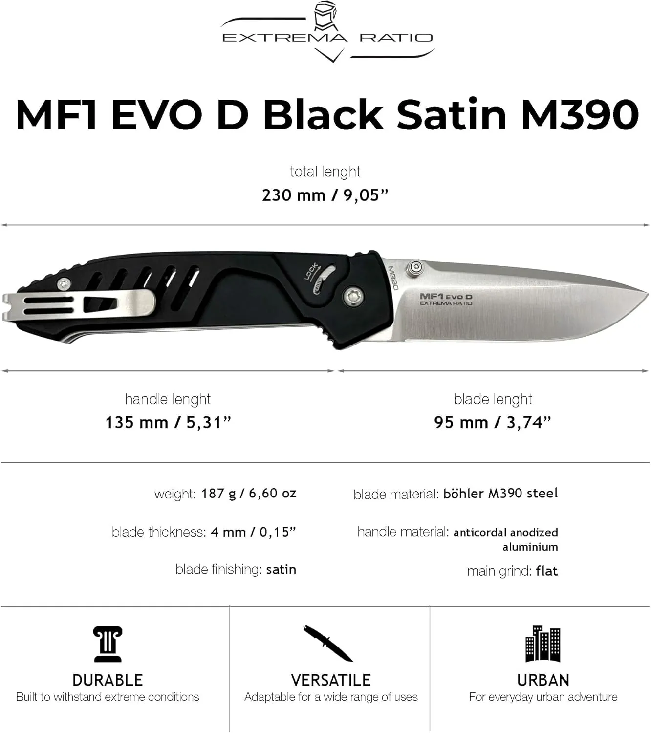 Extrema Ratio - MF1 EVO D (BLACK SATIN), Folding Knife, M390 stainless steel blade, satin finish, ambidextrous design, anticorodal aluminum handle, glass breaker, belt cutter, made in Italy
