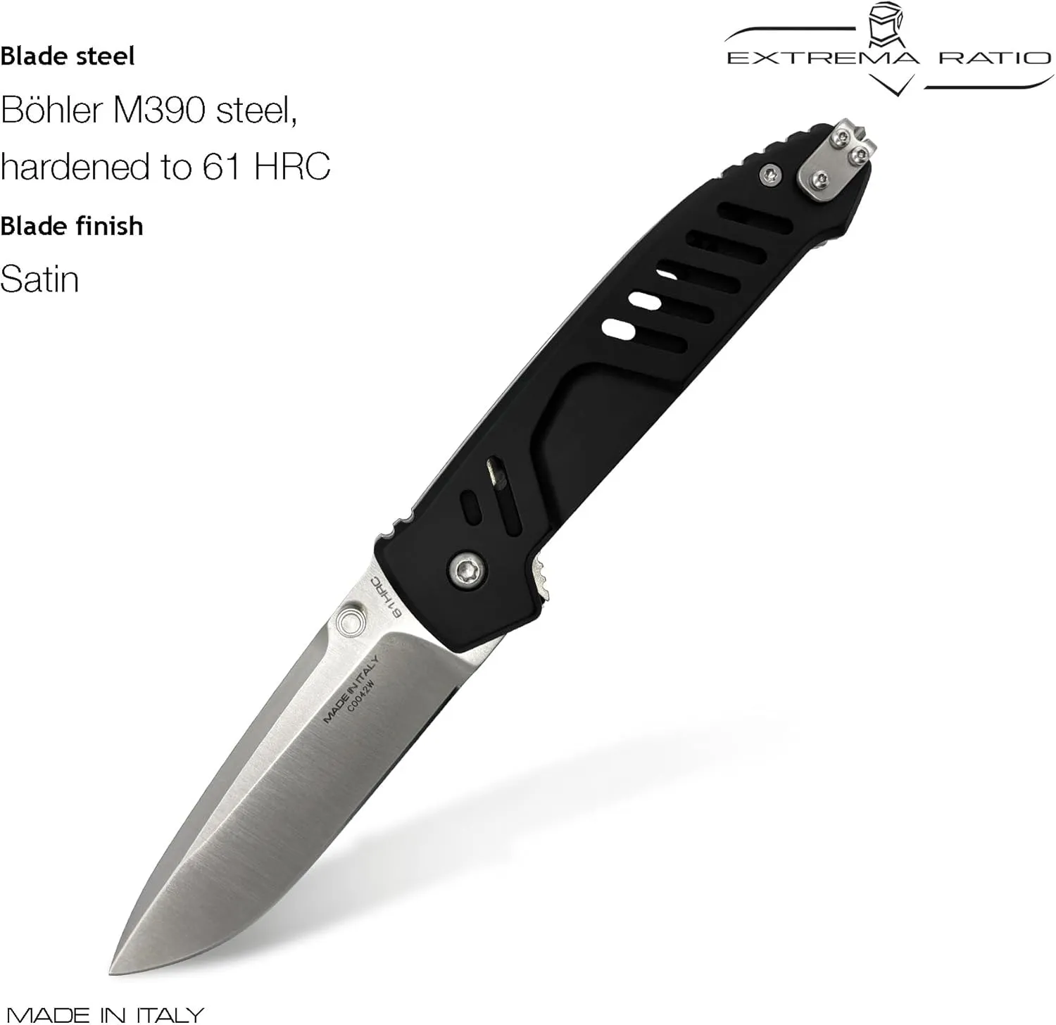Extrema Ratio - MF1 EVO D (BLACK SATIN), Folding Knife, M390 stainless steel blade, satin finish, ambidextrous design, anticorodal aluminum handle, glass breaker, belt cutter, made in Italy