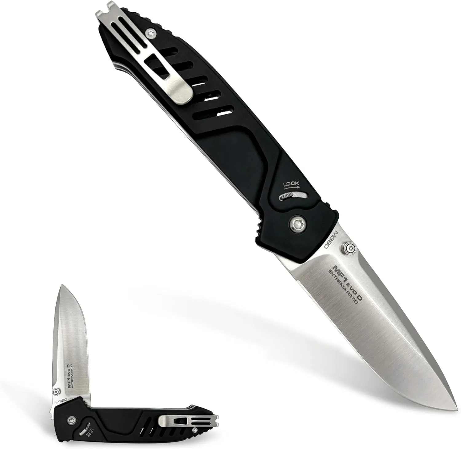Extrema Ratio - MF1 EVO D (BLACK SATIN), Folding Knife, M390 stainless steel blade, satin finish, ambidextrous design, anticorodal aluminum handle, glass breaker, belt cutter, made in Italy