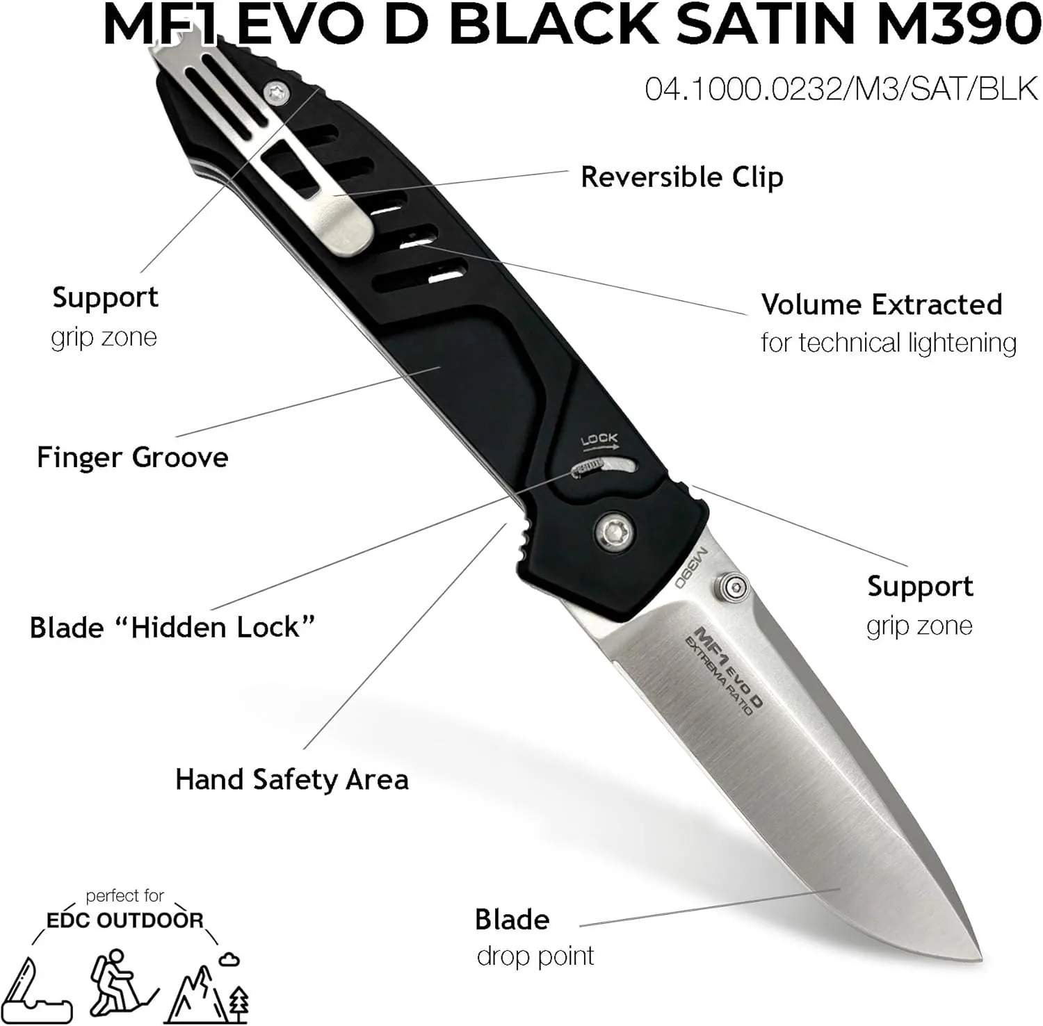 Extrema Ratio - MF1 EVO D (BLACK SATIN), Folding Knife, M390 stainless steel blade, satin finish, ambidextrous design, anticorodal aluminum handle, glass breaker, belt cutter, made in Italy