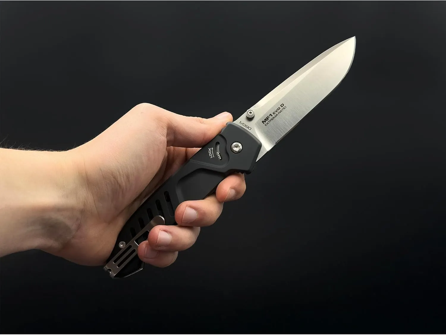 Extrema Ratio - MF1 EVO D (BLACK SATIN), Folding Knife, M390 stainless steel blade, satin finish, ambidextrous design, anticorodal aluminum handle, glass breaker, belt cutter, made in Italy