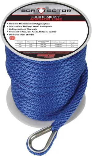 Extreme Max 3006.2705 BoatTector Solid Braid MFP Anchor Line with Thimble - 3/8" x 150', Blue