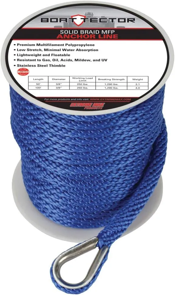 Extreme Max 3006.2705 BoatTector Solid Braid MFP Anchor Line with Thimble - 3/8" x 150', Blue