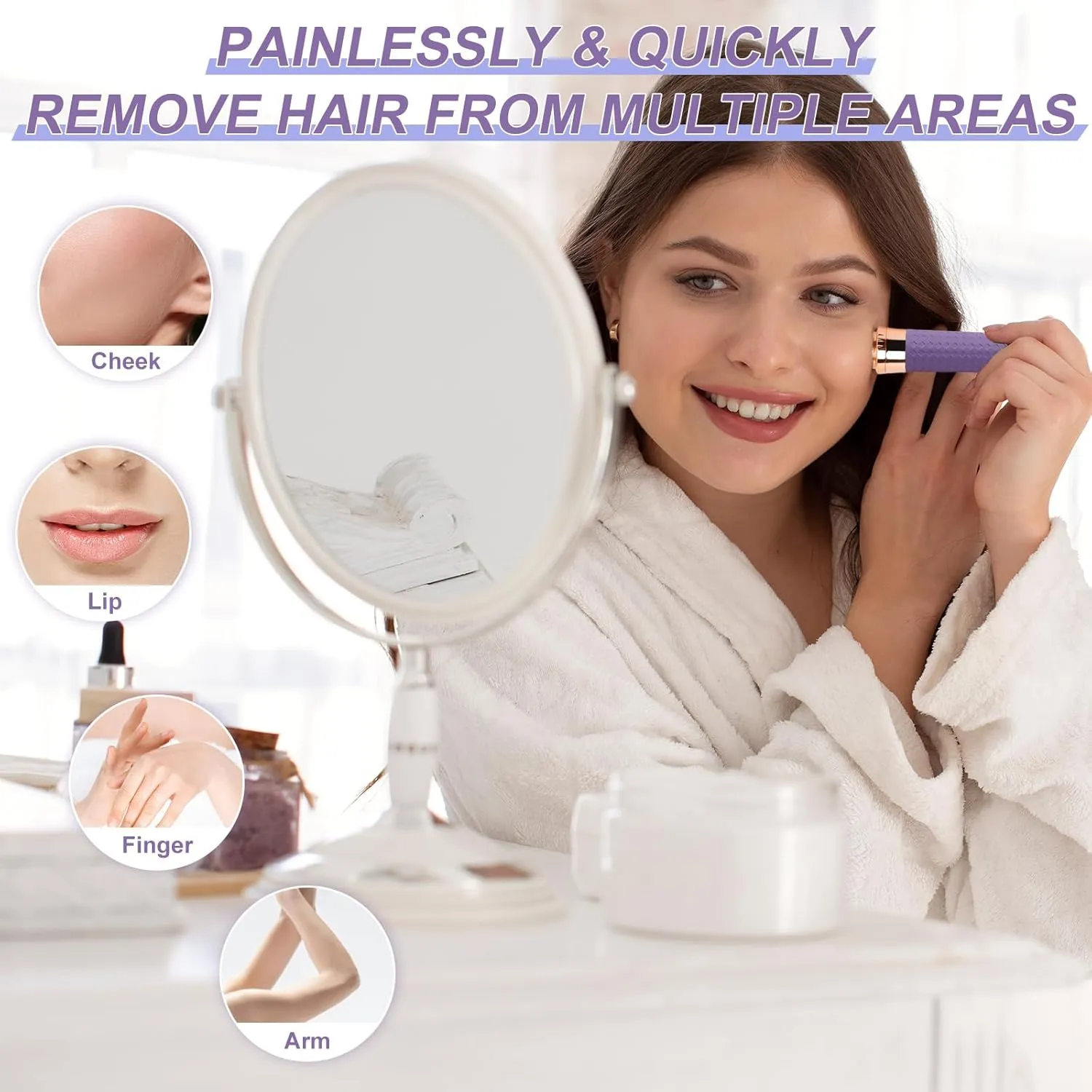 Facial Hair Remover for Women, Painless Rechargeable Hair Removal Device, Comes with 2 Replacement Heads, Portable Electric Shaver/Razors for Face, Chin, Upper Lip, arms (Sky Blue)