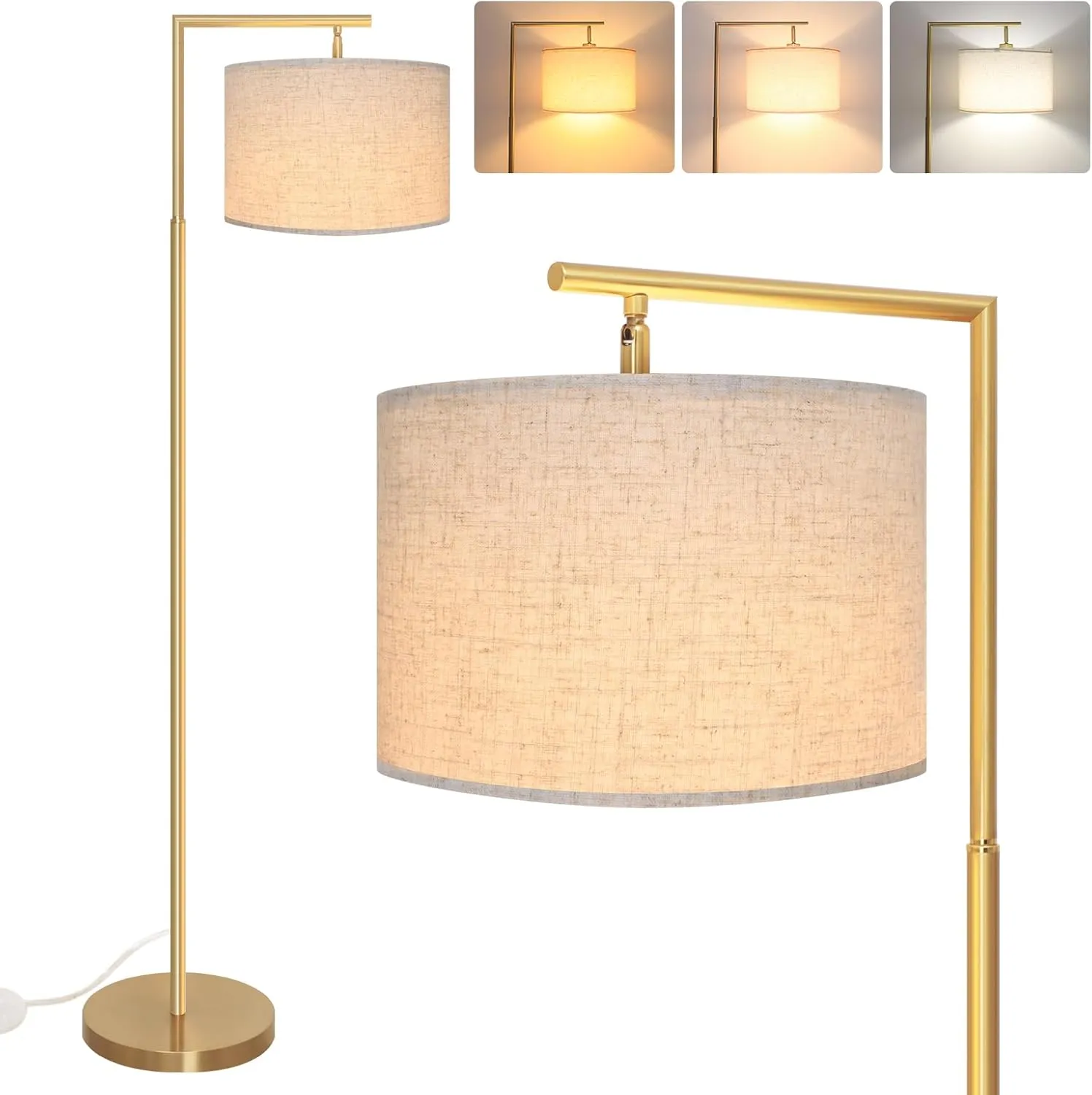 FAGUANGAO 3-Color Temterapure Gold Floor Lamp, Mid Century Modern Floor Lamp, Brass Standing Lamp with Hanging Drum Shade for Living Room, Reading Room, Bedroom, Office (LED Bulb Included)