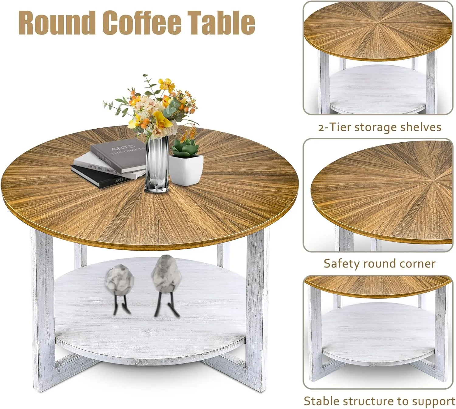 Farmhouse Coffee Tables with Storage, Small Round Table for Living Room, Mid Century Modern Wood Table, Rustic Wooden Circle Center Room Furniture