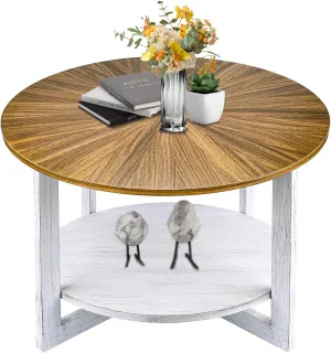 Farmhouse Coffee Tables with Storage, Small Round Table for Living Room, Mid Century Modern Wood Table, Rustic Wooden Circle Center Room Furniture