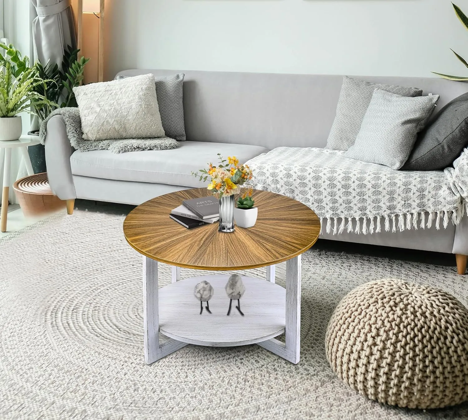 Farmhouse Coffee Tables with Storage, Small Round Table for Living Room, Mid Century Modern Wood Table, Rustic Wooden Circle Center Room Furniture