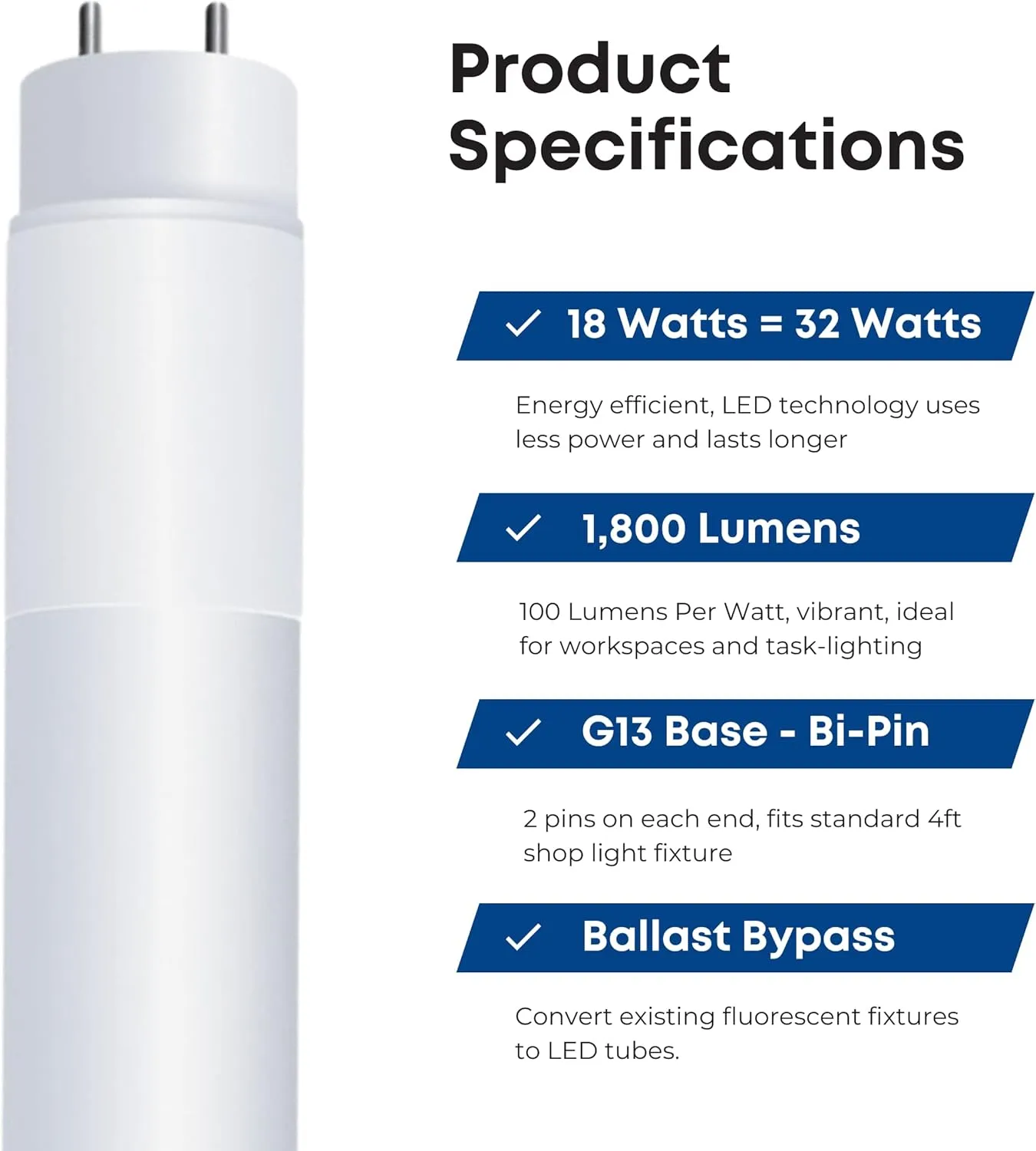 Feit Electric T848/850/B/LED/2/5 4FT T8 LED Tube Light, Type B Ballast Bypass, Ballast Removal Required, 18W=32W, 5000K Daylight, Double-End Powered, F32T8 Fluorescent Tube Replacement, UL, Pack of 10