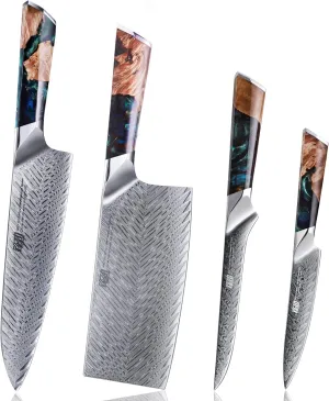 FINDKING 4PCS Chefs Knives Set, Versatile and Multisize, Damascus Steel Kitchen Knife Set, Full Tang, for Meat, Vegetable Home (Nebula Series, Blue)