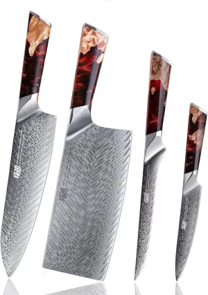 FINDKING 4PCS Chefs Knives Set, Versatile and Multisize, Damascus Steel Kitchen Knife Set, Full Tang, for Meat, Vegetable Home (Nebula Series, Red)