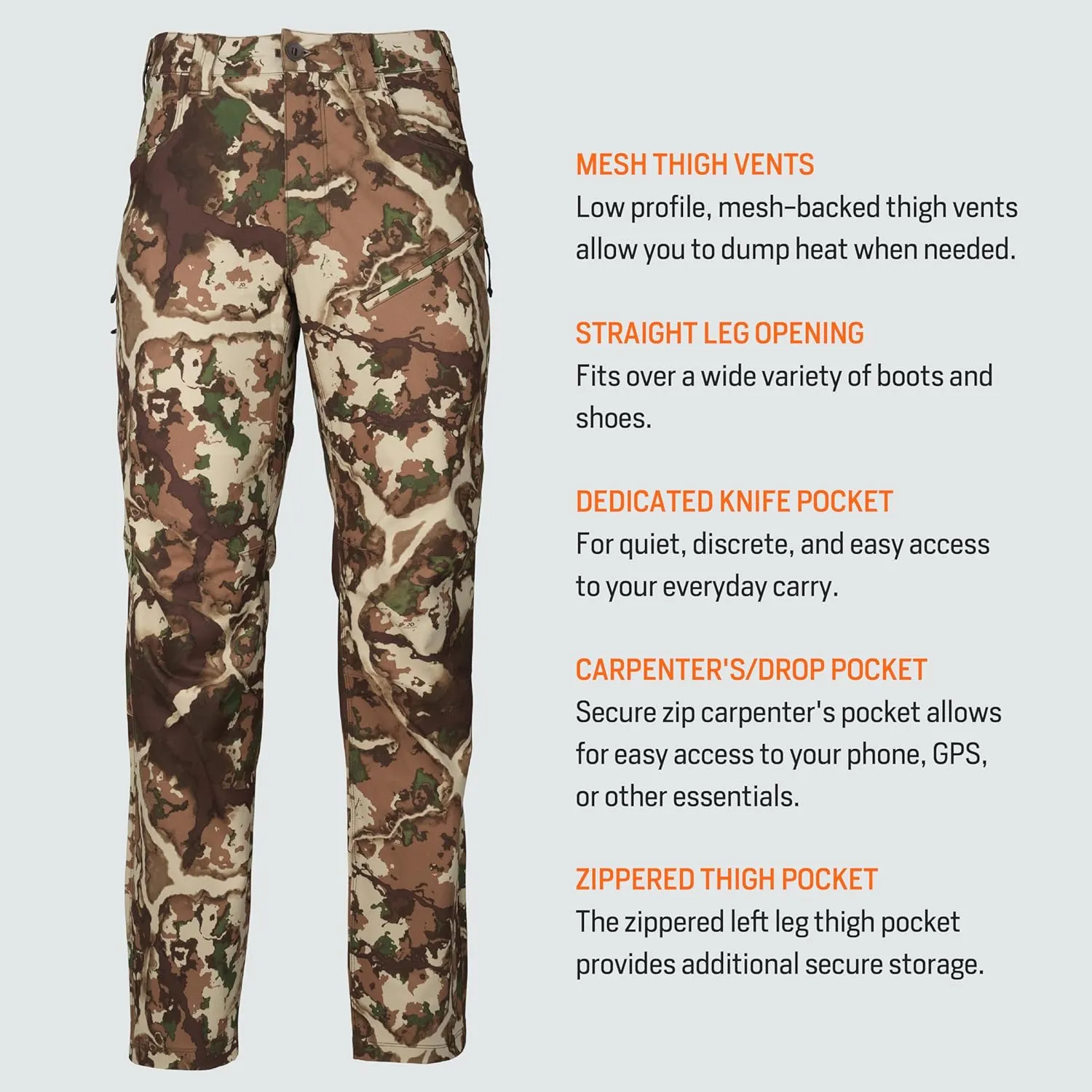 First Lite Men’s 308 Pant - Men’s Outdoor Stretch Camo Hunting Pants with Hip Vents, Year Round Lightweight Hunting Gear