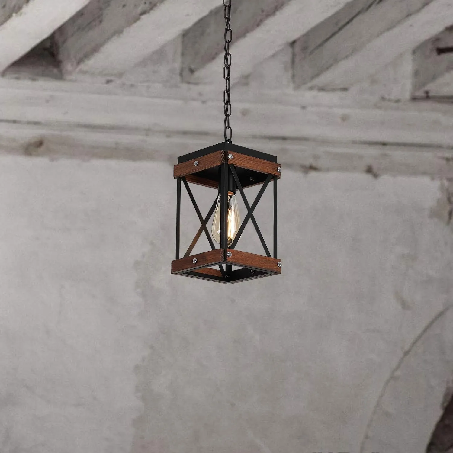 Fivess Lighting Rustic Farmhouse Plug in Pendant Light with 15ft Cord, On/Off Switch, Wood & Metal Cage Adjustable Chains Industrial Mini Hanging Fixture for Kitchen Island Sink Bar Farmhouse, Black