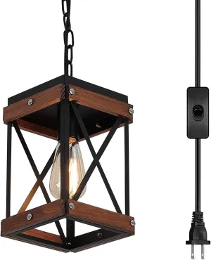 Fivess Lighting Rustic Farmhouse Plug in Pendant Light with 15ft Cord, On/Off Switch, Wood & Metal Cage Adjustable Chains Industrial Mini Hanging Fixture for Kitchen Island Sink Bar Farmhouse, Black
