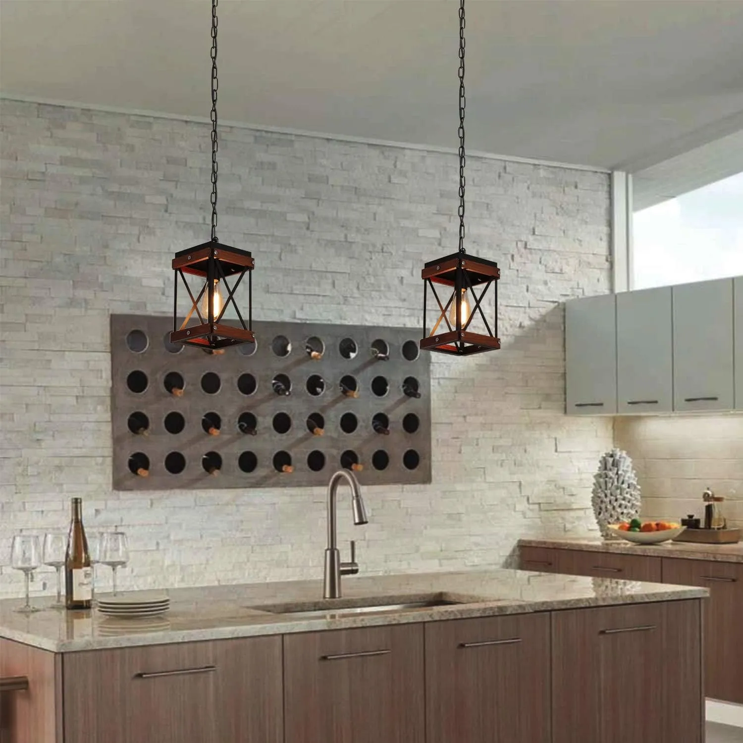 Fivess Lighting Rustic Farmhouse Plug in Pendant Light with 15ft Cord, On/Off Switch, Wood & Metal Cage Adjustable Chains Industrial Mini Hanging Fixture for Kitchen Island Sink Bar Farmhouse, Black