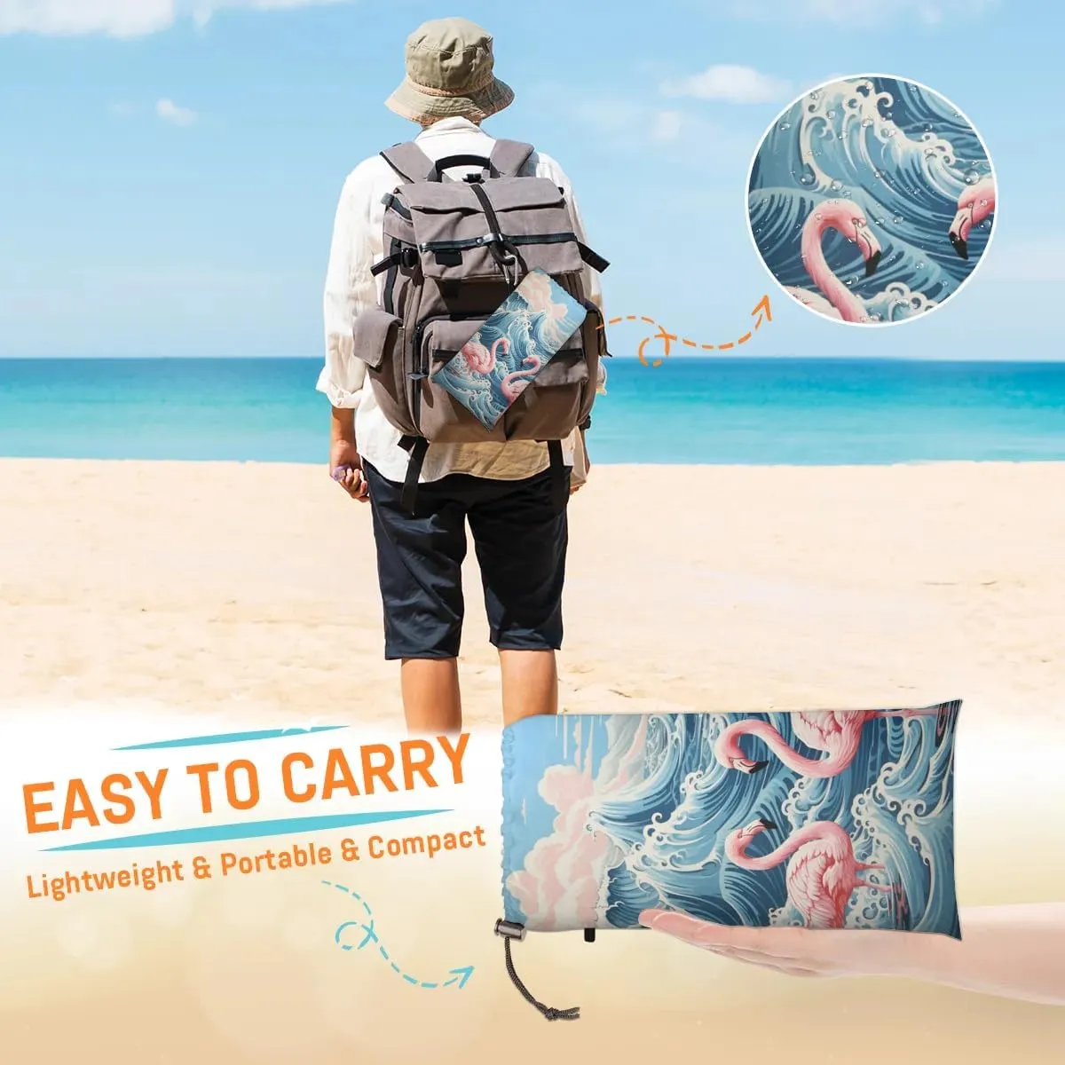 Flamingo Beach Blanket, Sandproof Beach Mat, 68 x 59 Waterproof Quick Drying Sand Free Mat with 4 x Ground Spikes for Outdoor Travel Camping Hiking, Waves