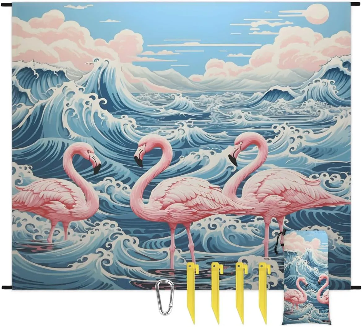 Flamingo Beach Blanket, Sandproof Beach Mat, 68 x 59 Waterproof Quick Drying Sand Free Mat with 4 x Ground Spikes for Outdoor Travel Camping Hiking, Waves